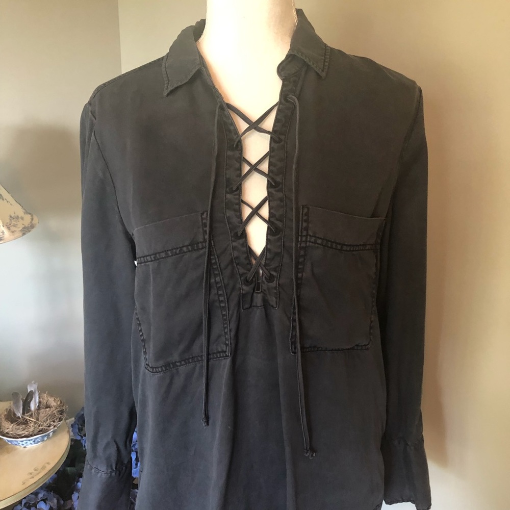 Free People slate colored, long sleeve blouse with lace up neckline